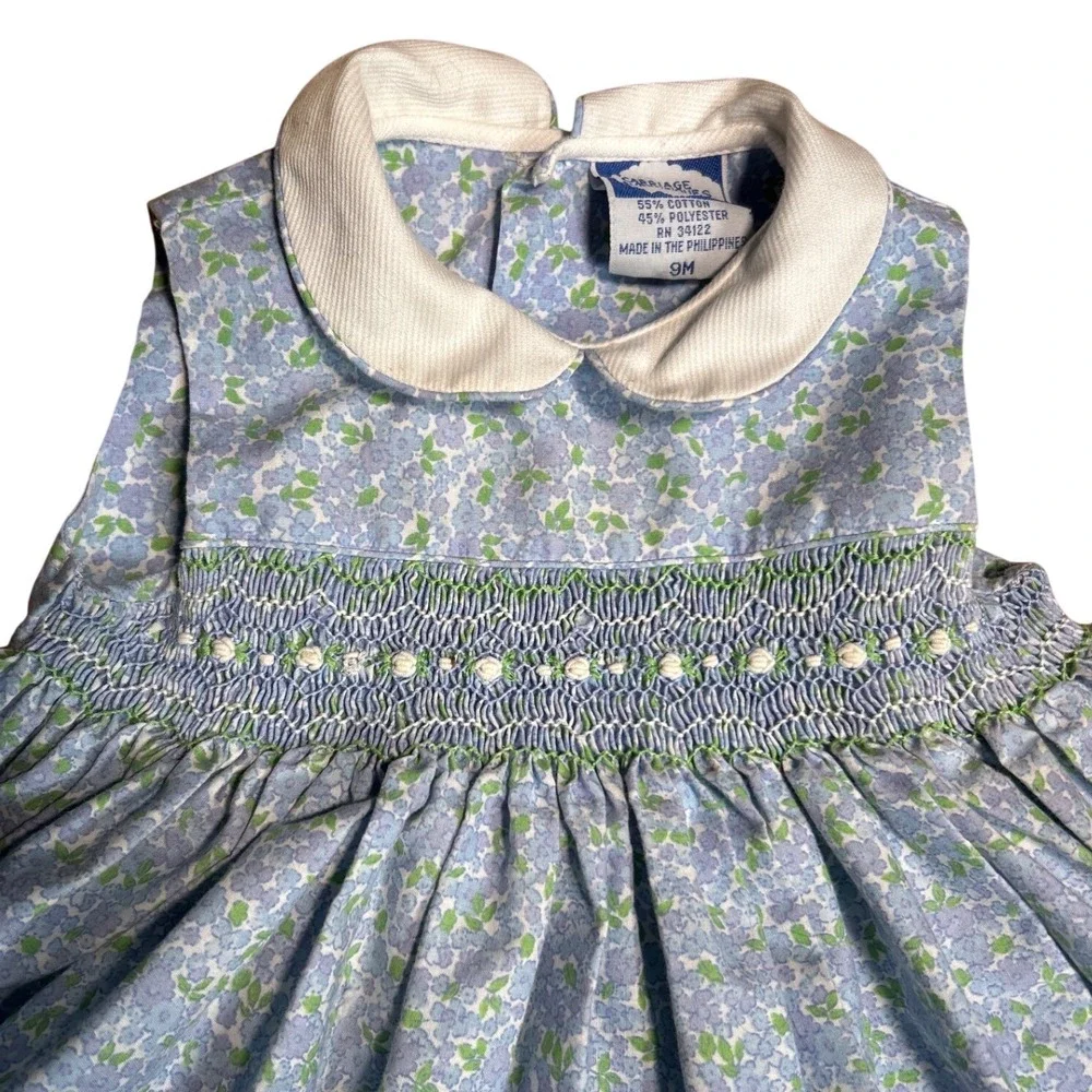 VTG Carriage Boutiques Baby Girls Blue Floral Smocked Dress‎ Bloomers Hat Set 9M